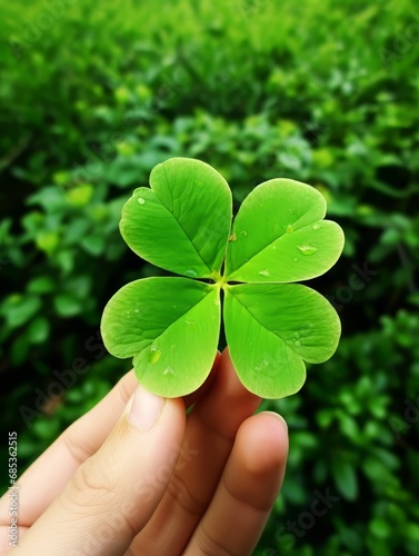 In hand, a four-leaf clover is held.