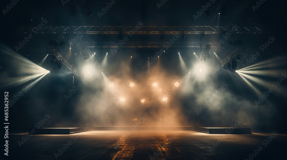 Empty concert stage with smoke background - obrazy, fototapety, plakaty 
