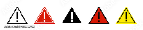 8 bit caution triangle road sign icon. Pixel error retro banner. Pixelated car traffic sign.