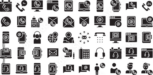 Contact Us solid glyph icons set, including icons such as Call, Calendar, Email, Contact us, Help Line, and more. Vector icon collection photo