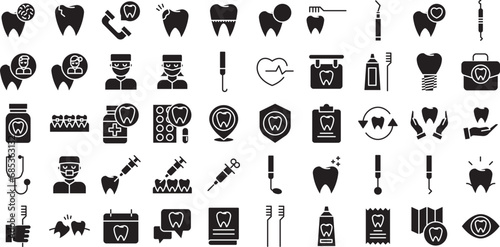 Dental clinic solid glyph icons set, including icons such as Tooth, Dental Crane, Teeth, Surgeon, Protection, and more. Vector icon collection
