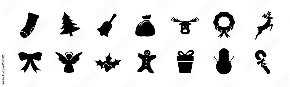 Christmas holiday black solid silhouette icons. Santa gift and bag with presents. Xmas clipart new year set - obrazy, fototapety, plakaty 