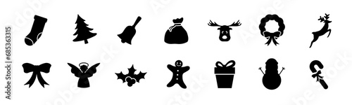 Christmas holiday black solid silhouette icons. Santa gift and bag with presents. Xmas clipart new year set photo