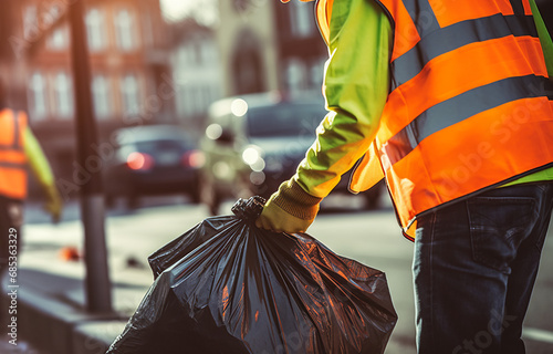 City cleaning and waste management services professional picking up black garbage bags on the streets. photo