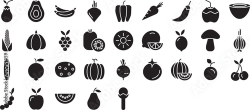 Fruits and vegetables solid glyph icons set, including icons such as Apple, Aubergine, Avocado, Beet, Banana, Banana, and more. Vector icon collection