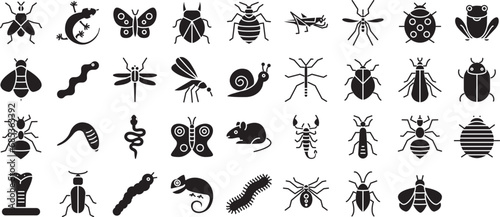 Insects solid glyph icons set, including icons such as Ant, Bed bugs, Bees, Cockroach, Dragonfly, and more. Vector icon collection © kiran Shastry