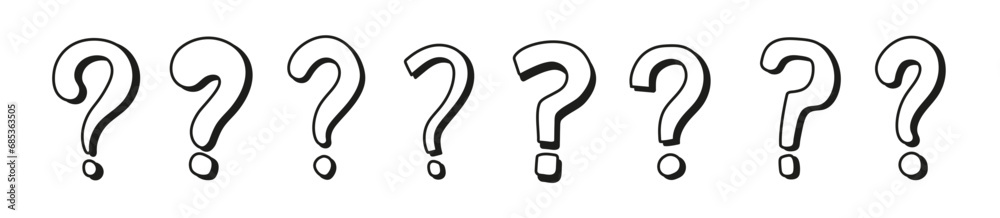Hand drawn question sign with 3d effect. Cartoon comic retro style. Question mark sketch Hand drawn question sign with 3d effect. Cartoon comic retro style. Question mark sketch