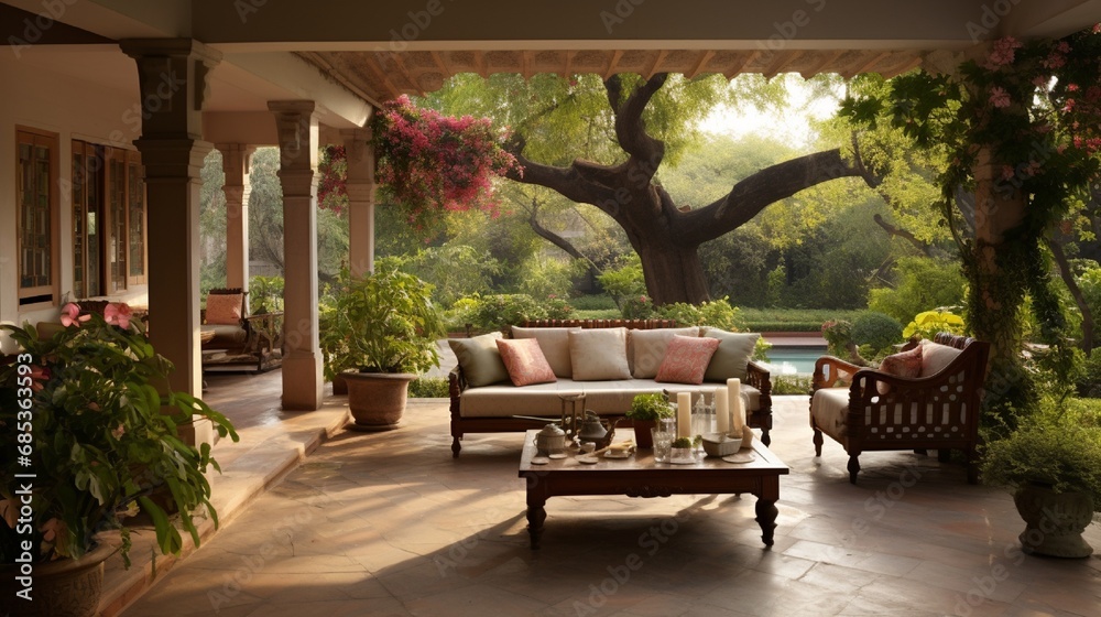 An open-air veranda with comfortable seating, offering a view of the serene Krishna garden.