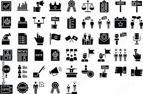 Election campaign and voting solid glyph icons set, including icons such as Accept, Balance, Analysis, Checklist, Communication, Microphone, Pick, , and more. Vector icon collection