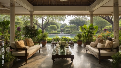 An open-air veranda with comfortable seating, offering a view of the serene Krishna garden. © Mustafa_Art