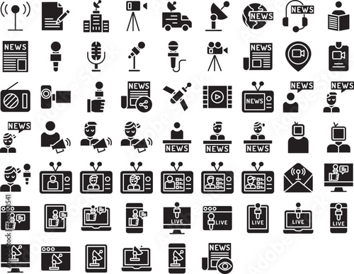 News broadcasting solid glyph icons set, including icons such as Announcement, Antenna, Archive, Camera, Car, Dish,, and more. Vector icon collection