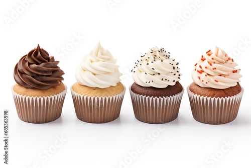 delicious assorted cupcakes of different flavors and colors on white background