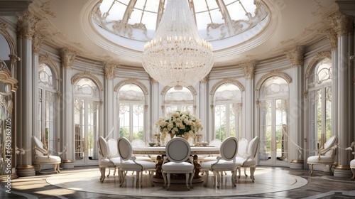 An opulent dining room showcasing a unique  circular ceiling design with ornate chandeliers.