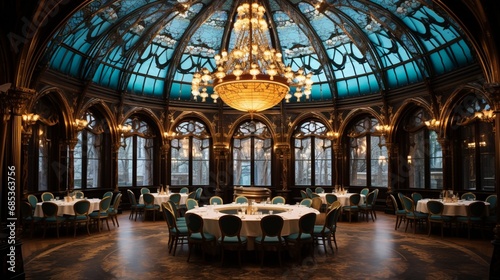 An opulent dining room showcasing a unique, circular ceiling design with ornate chandeliers.