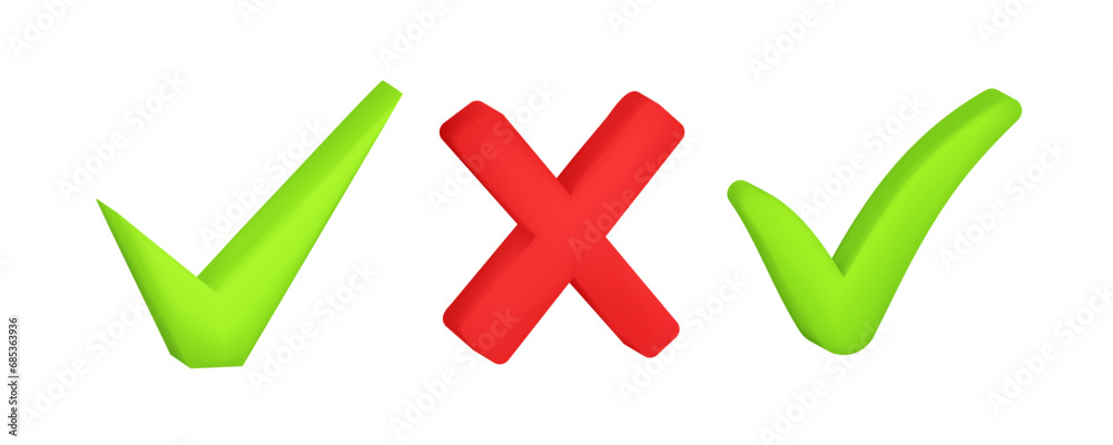 Check mark 3D tick vector. Green tick and red cross cartoon iconcartoon icon Check mark 3D tick vector. Green tick and red cross cartoon iconcartoon icon