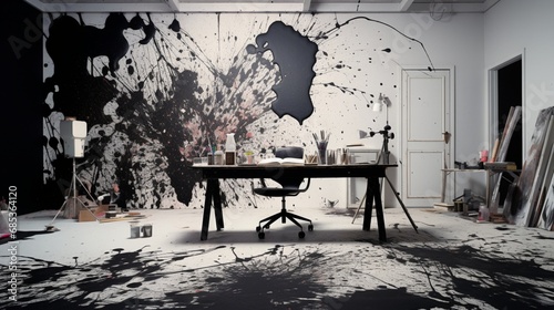 Art studio with abstract black and white paint splatters.