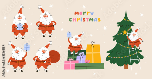 Christmas Santa Claus character set. Vector flat cartoon illustration.
