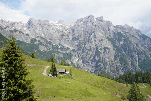 View of the mountain hut "Elmaualm" in Werfenweng, Austria