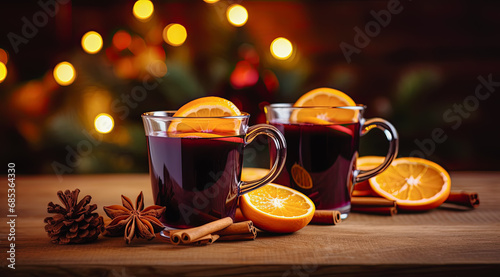 dos tazas, de vino caliente de navidad sobre mesa decorada con naranja, anís y canela, con fondo desenfocado de decoración navideña