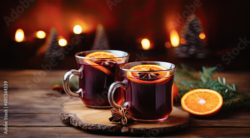 dos tazas de vino caliente de navidad sobre mesa decorada con naranja, anís y  canela, con fondo desenfocado de decoración navideña photo