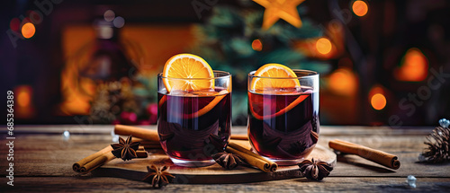dos copas de vino caliente de navidad sobre mesa decorada con naranja y canela, con fondo desenfocado de decoración navideña photo