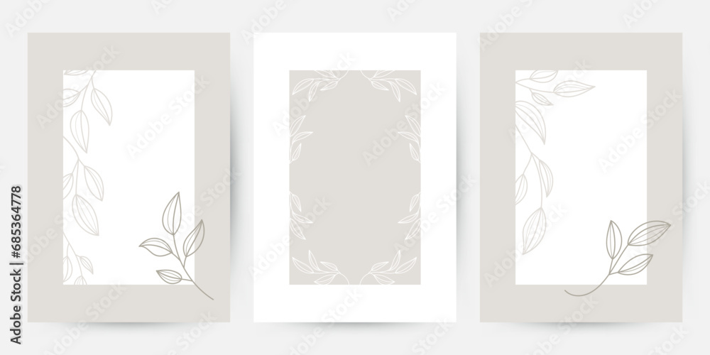 Vector set of banners design outline of leaves, branches, templates frames with copy space for text. Can be used for cosmetics, beauty products, organic and healthy food with  modern ornaments 