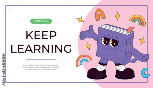 Promo banner with funky retro groovy book character with bookmark. Back to school. Children's stationery, funny study school supplies. Nostalgia 60s, 70s, 80s. Vector for poster, cover, advertising