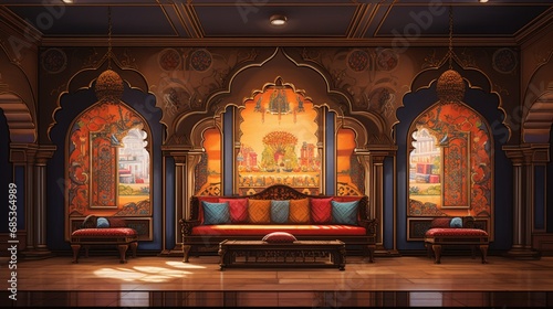 Capture the intricate details and vibrant hues of a pooja room wall painting, a testament to India's rich cultural heritage.