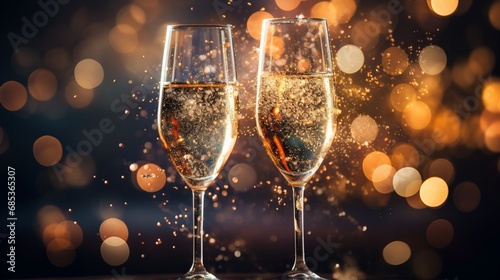 Close-up of New Year's champagne glasses clinking, capturing the moment of celebration and togetherness.