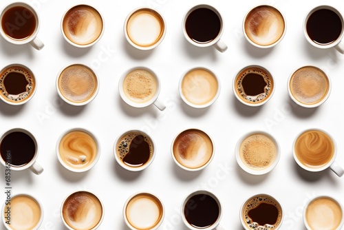 Cups of coffee isolated on white background, in a pattern style, top view