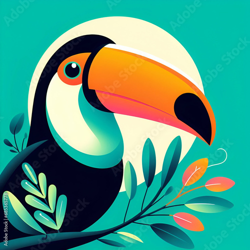 Colorful Beautiful Cartoon Portrait of a Keel-Billed Toco Toucan Bird on a Green Vegetation Branch in a Rainforest on a Solid Blue Green Teal Tropical Background. Exotic Tropical Birds Family Reserve