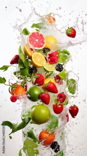 Cascading into the water  fragments of fruits and vegetables form vibrant splashes.