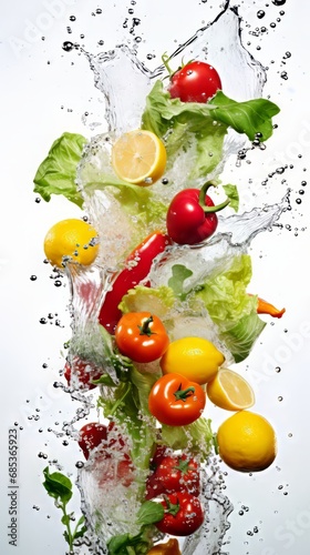 Fragments of fruits and vegetables tumble into the water  generating lively splashes.