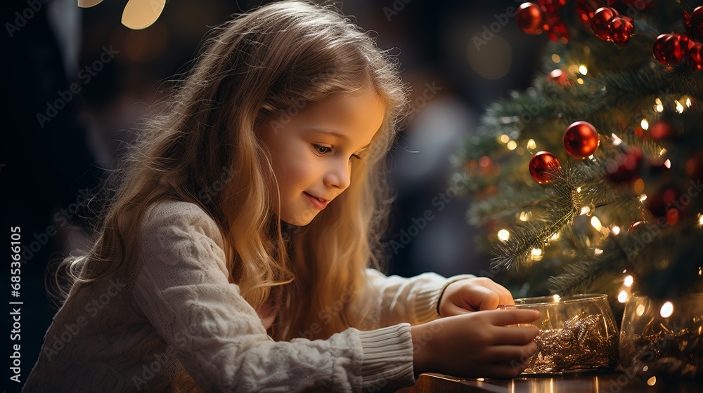 Beautiful girl with curly hair near a Christmas tree with decorative balls and ribbons. decorating New Year's atmosphere, smiling happy child on holidays. Beautiful girl with curly hair near a Christmas tree with decorative balls and ribbons. decorating New Year's atmosphere, smiling happy child on holidays.