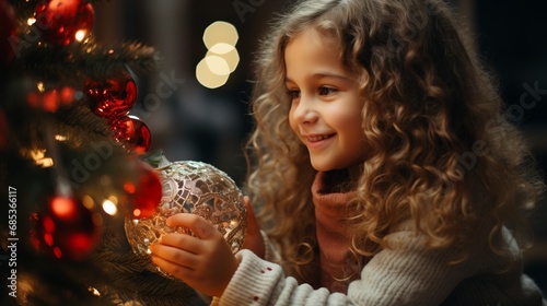 Beautiful girl with curly hair near a Christmas tree with decorative balls and ribbons. decorating New Year's atmosphere, smiling happy child on holidays.