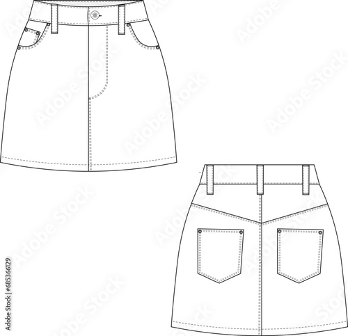 mini short skirt template fashion technical drawing flat sketch woman jeans denim a line