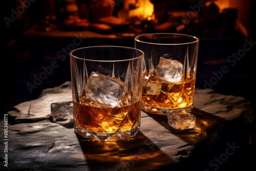 close up view of two glasses with whiskey on color back