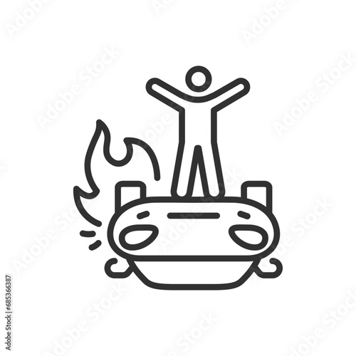 Protest, linear icon, demonstration, man on overturned car. Line with editable stroke