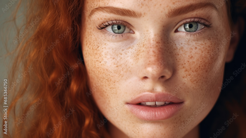 Freckles Woman portrait. Close-up. Beautiful blue eyed girl with freckles is looking at camera, on a white background Freckles Woman portrait. Close-up. Beautiful blue eyed girl with freckles is looking at camera, on a white background