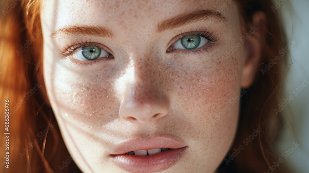 Freckles Woman portrait. Close-up. Beautiful blue eyed girl with freckles is looking at camera, on a white background Freckles Woman portrait. Close-up. Beautiful blue eyed girl with freckles is looking at camera, on a white background