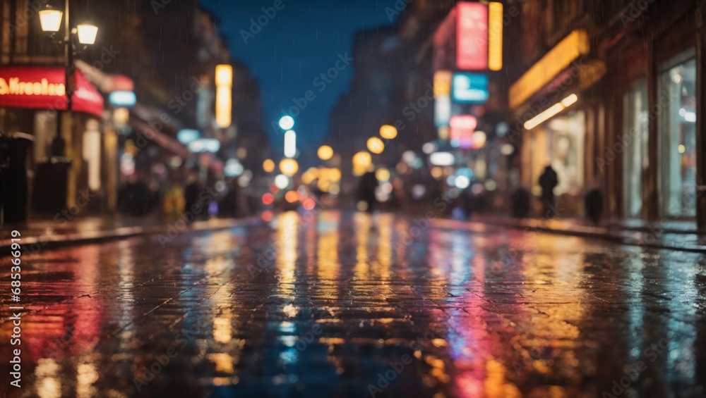 Winter night view on the street with lights reflecting on the ground