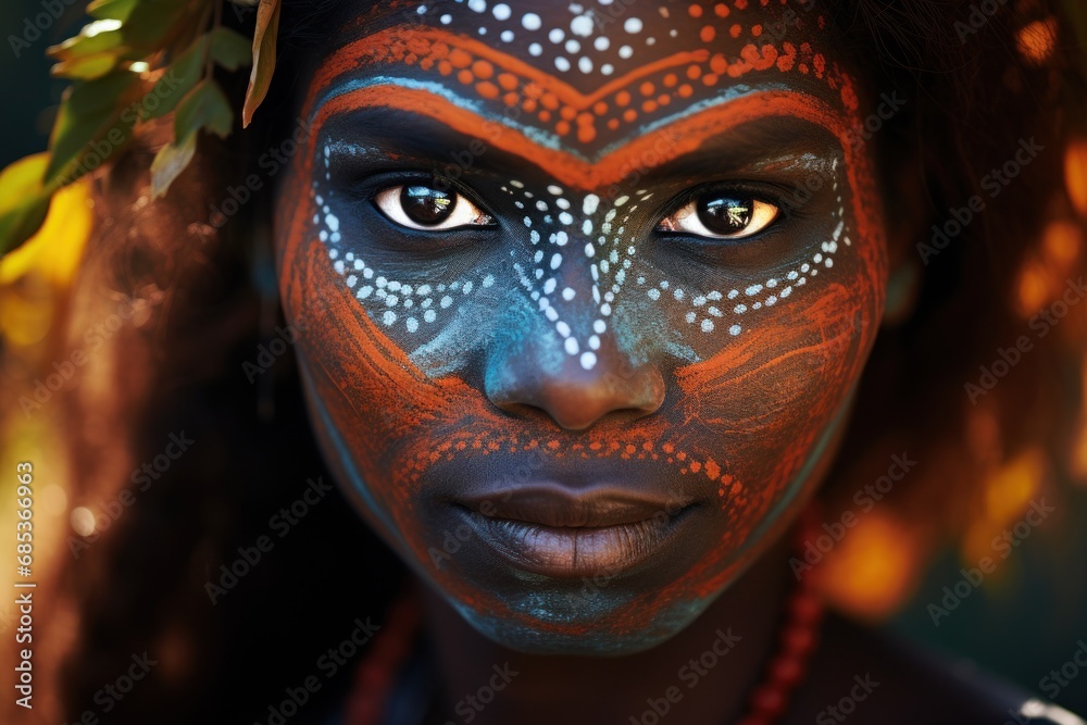 Portrait showcasing the rich heritage of Australian Aboriginal indigenous culture. Woman adorned with traditional patterns standing in wooded area with trees and foliage in background