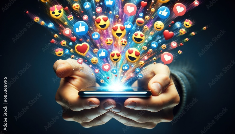 Hands holding a smartphone with social media emoji reactions emerging in a colorful display, symbolizing digital engagement.
 - obrazy, fototapety, plakaty 