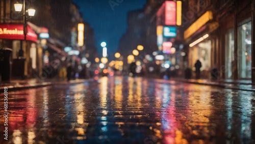 Winter night view on the street with lights reflecting on the ground