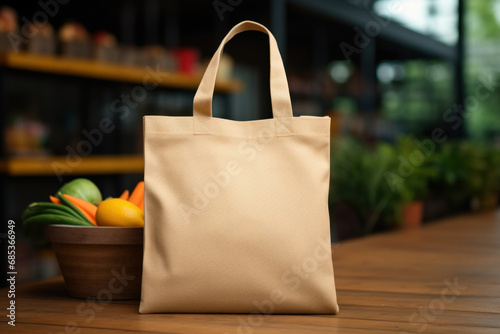 Tote bag mockup template on shelf in grocery store with fresh and organic fruits and vegetables. Eco friendly totebag mock up. Sustainable and zero waste lifestyle
 photo