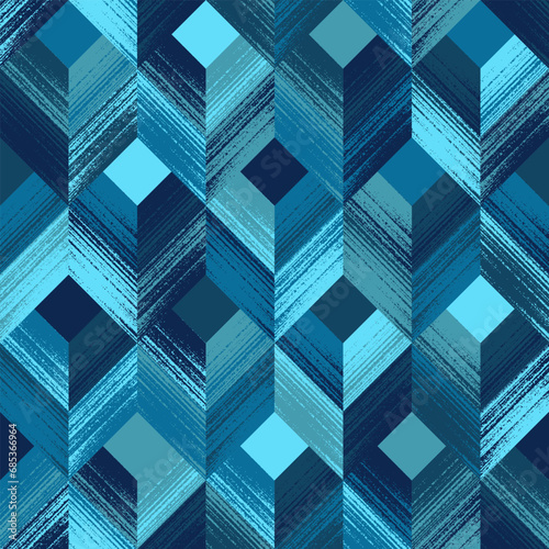 Abstract Geometric Seamless Pattern of Textured Squares and Chevrons Chaotically Colored in Blue Cyan. Fashionable Design for Wallpapers, Wrappings, Products 