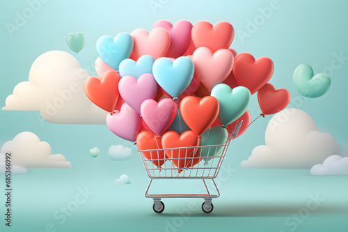 Obraz na płótnie Shopping cart background with heart shaped balloons. E-commerce. Mother's Day and Valentine's concept. Romantic background. w salonie