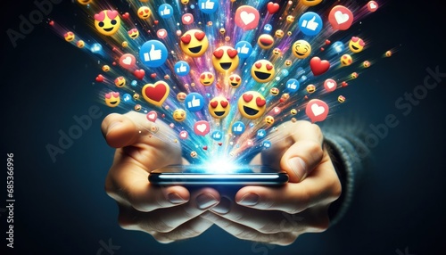 Hands holding a smartphone with social media emoji reactions emerging in a colorful display, symbolizing digital engagement.  © Cad3D.Expert