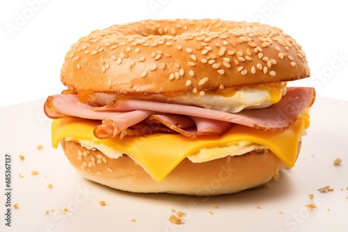 Egg Sandwich. Delicious egg ham and cheese sandwich on a toasted bagel. Shot on a white background.