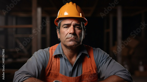 Tired builder, hard work concept. Hispanic 40 s worker builder on site construction. American middle aged man worker. Millennial construction worker with at building. © Tharshan